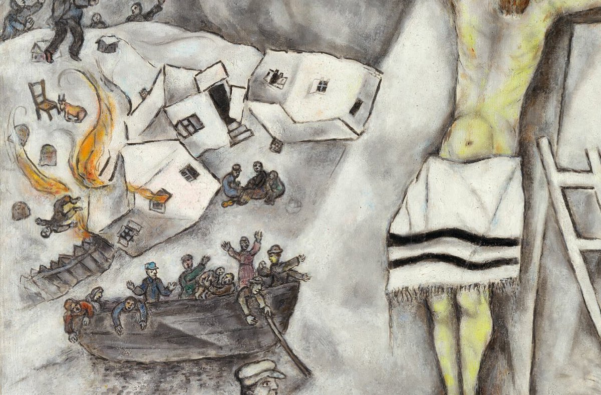  #miniMA140 La cruz es una promesa de salvación. En 1938, el año de la Noche de los Cristales Rotos, Marc Chagall pintó una Crucifixión blanca en medio de la barbarie humana (las sinagogas quemadas) esperando -más bien rezando- que la luz volviera al mundo.