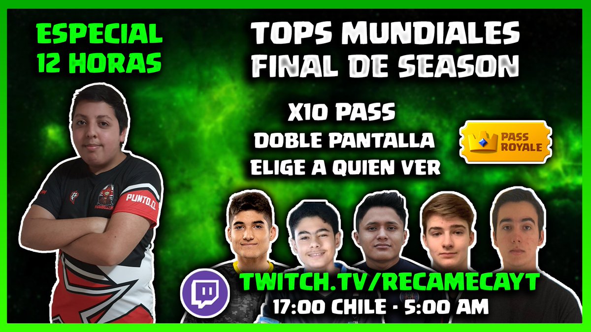 🔥 ESPECIAL 12 HORAS - FINAL DE SEASON 🔥

💸 10 PASS ROYALE PARA SORTEAR EN EL STREAM
📺 DOBLE PANTALLA
📅 HOY LA PREVIA Y DOMINGO 12 HORAS
⏰ 17:00 PM - 5:00 AM HORA 🇨🇱

⬆️ TOPS MUNDIALES DISPONIBLES
bit.ly/3fDZNRz
PODRAS ELEGIR A QUIEN VER!

🎙️ twitch.tv/recamecayt