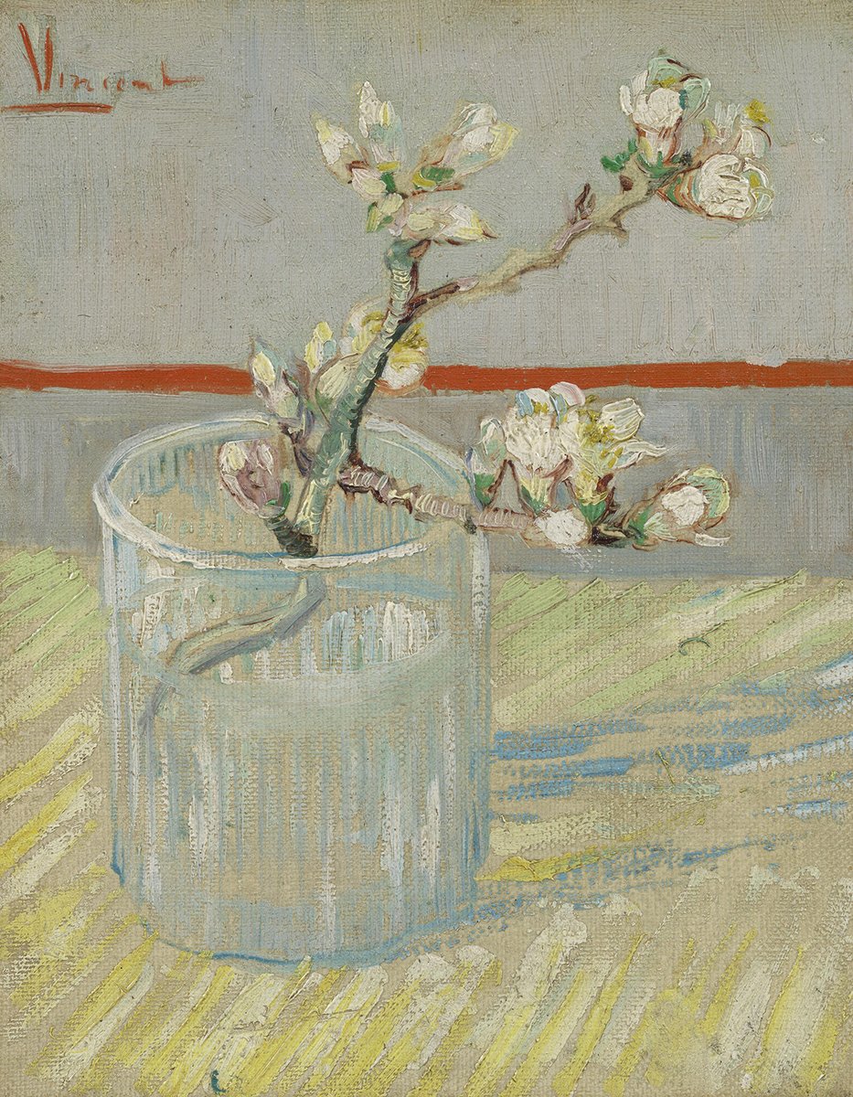  #miniMA140 Van Gogh llegó a Arles en febrero y el invierno seguía vivo, los campos estaban cubiertos de nieve. El almendro “a pesar de todo” había florecido. No podía pintar fuera por el frío, cortó una rama y la pintó en su estudio.Un auténtico crucifijo: una rama que florece.