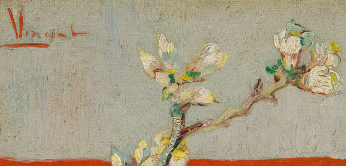  #miniMA140 Van Gogh llegó a Arles en febrero y el invierno seguía vivo, los campos estaban cubiertos de nieve. El almendro “a pesar de todo” había florecido. No podía pintar fuera por el frío, cortó una rama y la pintó en su estudio.Un auténtico crucifijo: una rama que florece.