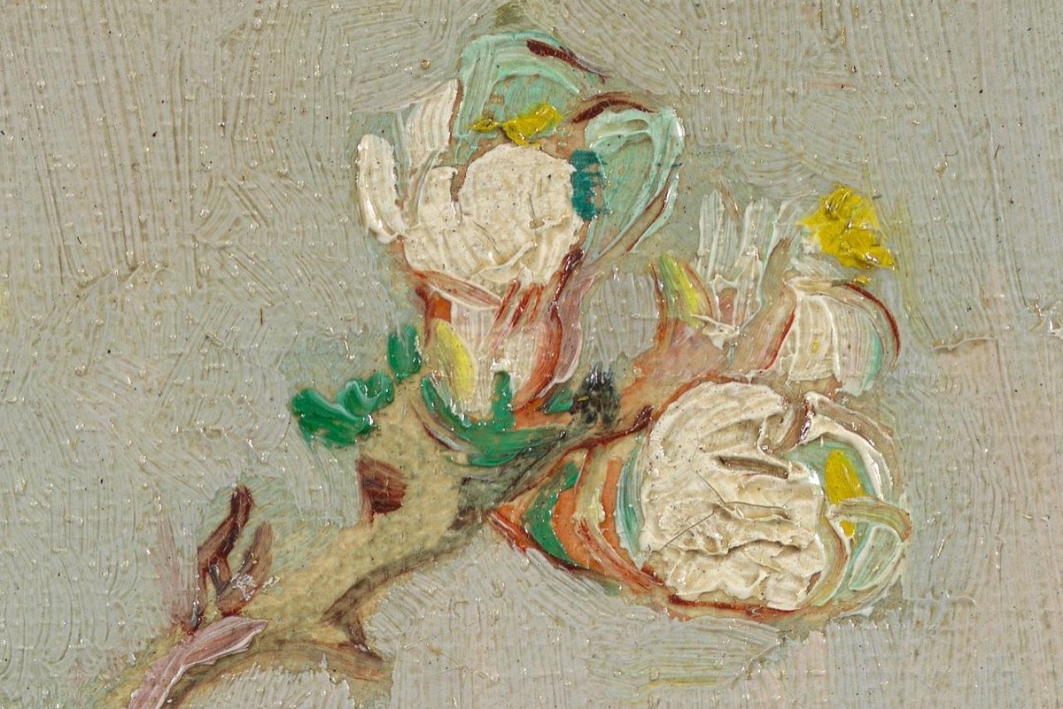  #miniMA140 Van Gogh llegó a Arles en febrero y el invierno seguía vivo, los campos estaban cubiertos de nieve. El almendro “a pesar de todo” había florecido. No podía pintar fuera por el frío, cortó una rama y la pintó en su estudio.Un auténtico crucifijo: una rama que florece.
