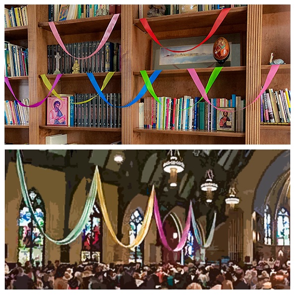 Rector’s bookcase is decorated for Easter, Trinity style! Tune in Sunday, 4/4 10:30am Facebook Live. #Easter #Easterdecorations #everyonewithoutexception #openandaffirming #Buffalo #Buffalochurches