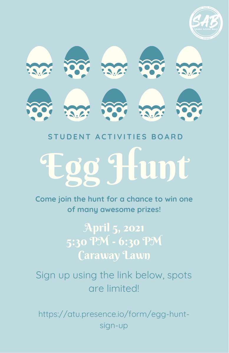 Join SAB this Monday for our Egg Hunt, and you could win an awesome prize! Sign up using the link below! 🤩🏆

atu.presence.io/form/egg-hunt-…