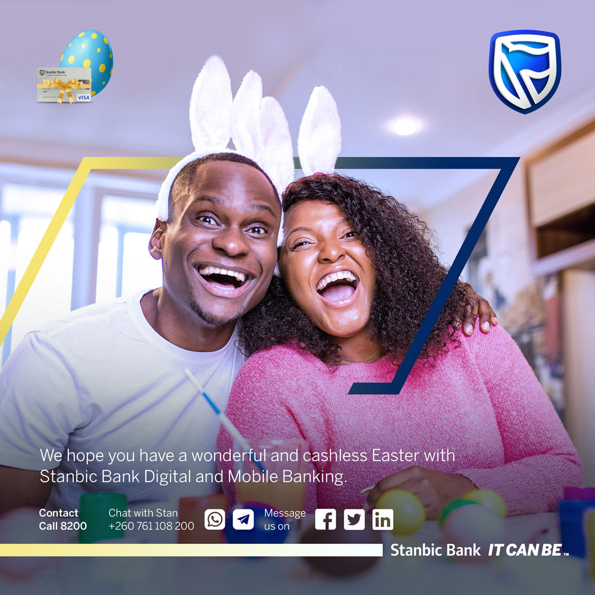 StanbicBankZM's tweet photo. With Stanbic Bank cashless payments such as Debit Cards, Mobile and Internet Banking it's easy to shop and spend safely and securely this Easter and beyond.
#DigitalEaster #Cashless #BankingZambia #ItCanBe https://t.co/EZdtdfI06D