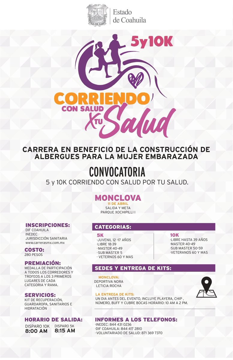 ¡Corre por tu salud! Gran carrera este domingo 11 de abril en #Monclova ¡únete! Folios disponibles <a href="/VoluntariadoSSC/">Voluntariado SS Coahuila</a> <a href="/INEDEC_Coahuila/">INEDEC Coahuila</a> <a href="/DIFCoah/">DIF Coahuila</a>