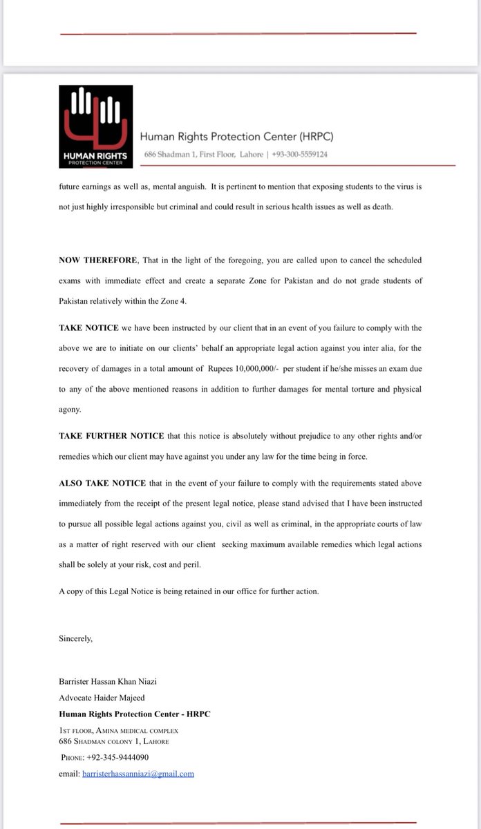 HniaziISF's tweet photo. On behalf of O/A level students we are sending legal notice to British Council Examination Authority in Pakistan. The letter will be sent to the office of @CambridgeInt as well. The consequences of these exams have been mentioned in the letter below. The liability will be on CIE. https://t.co/2t0Oqyvnpb