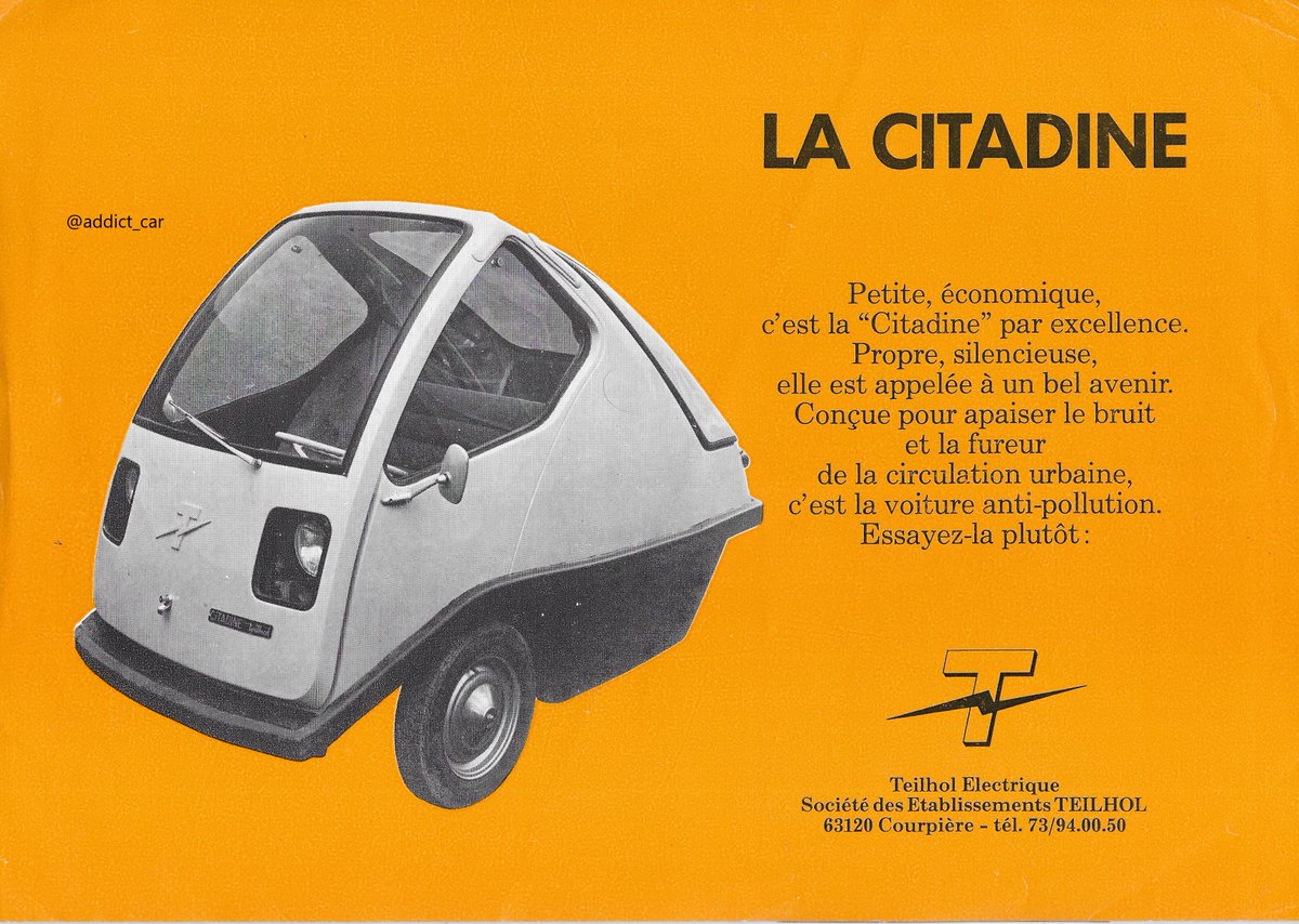 addict_car's tweet photo. As well as building Renault's Rodéo utility cars, French constructor Teilhol also made some tiny three-wheeler electric cars in the 1970s. This 2-seat Citadine was entered through the front like a 1950s bubble car. #carbrochure #Teilhol https://t.co/VTBtCtMslI
