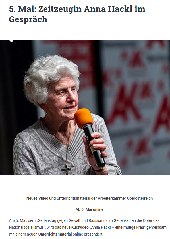 Gedenkjahre's tweet photo. Am #Gedenktag5Mai im Programm der #atpb21:
Zeitzeugin #AnnaHackl im Gespräch – Präsentation des neuen Kurzvideo „Anna Hackl – eine mutige Frau“ sowie von Unterrichtsmaterial der @AKLinz:
https://t.co/k9mJuAOg4L
@Gusen_Memorial @olex_scherba @SabineSchatz "#MühlviertlerHasenjagd" https://t.co/gm0h3V9ig5