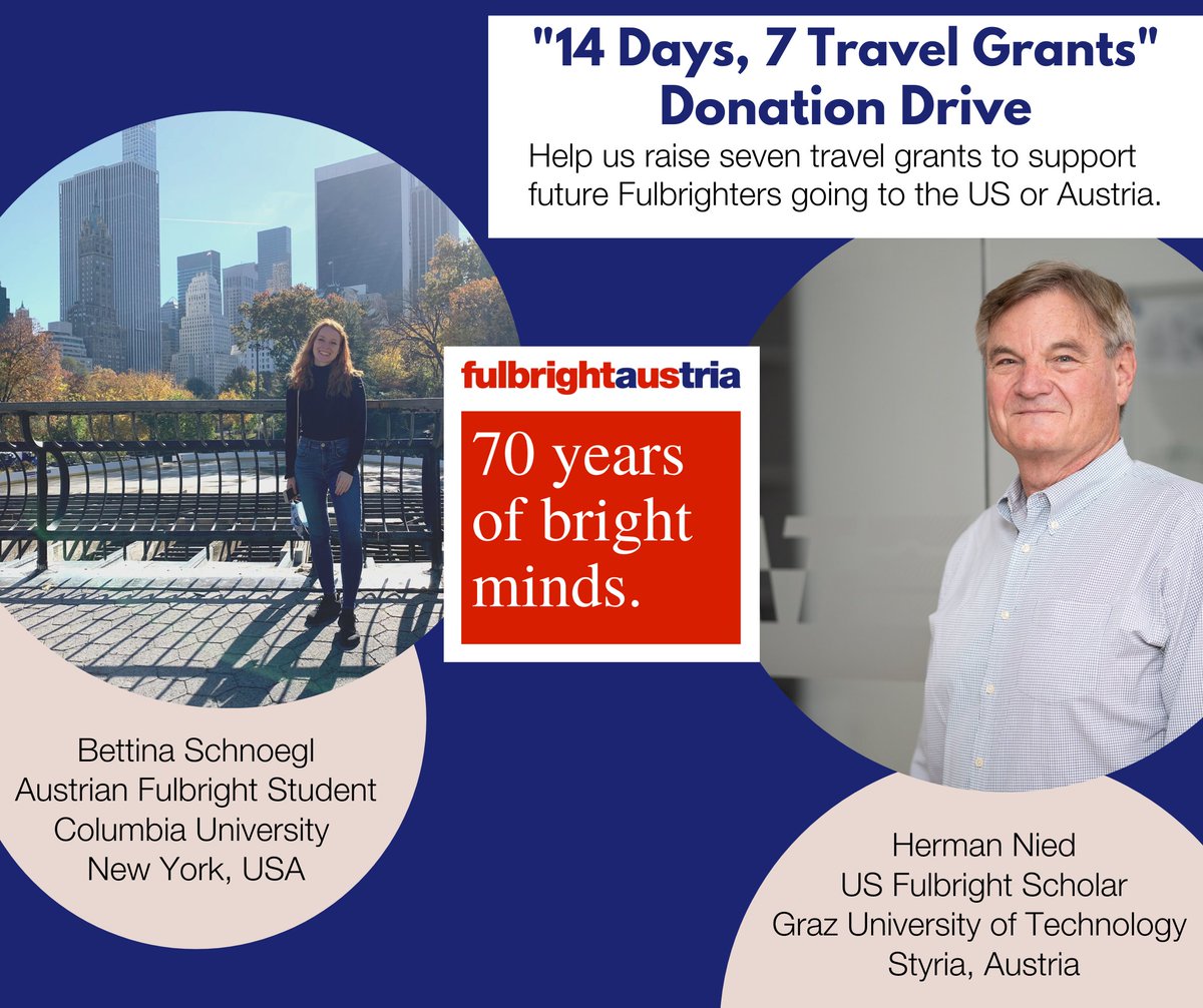 Fulbright_AUT's tweet photo. Would you care to donate? Please help us raise seven travel grants for future Fulbrighters during our donation drive, #14Days7TravelGrants.
You can read more about the donation drive here: https://t.co/H84xwFPjfy
#FulbrightAustria
#Fulbright
#fullofexperiences https://t.co/UCNB2S6xbz