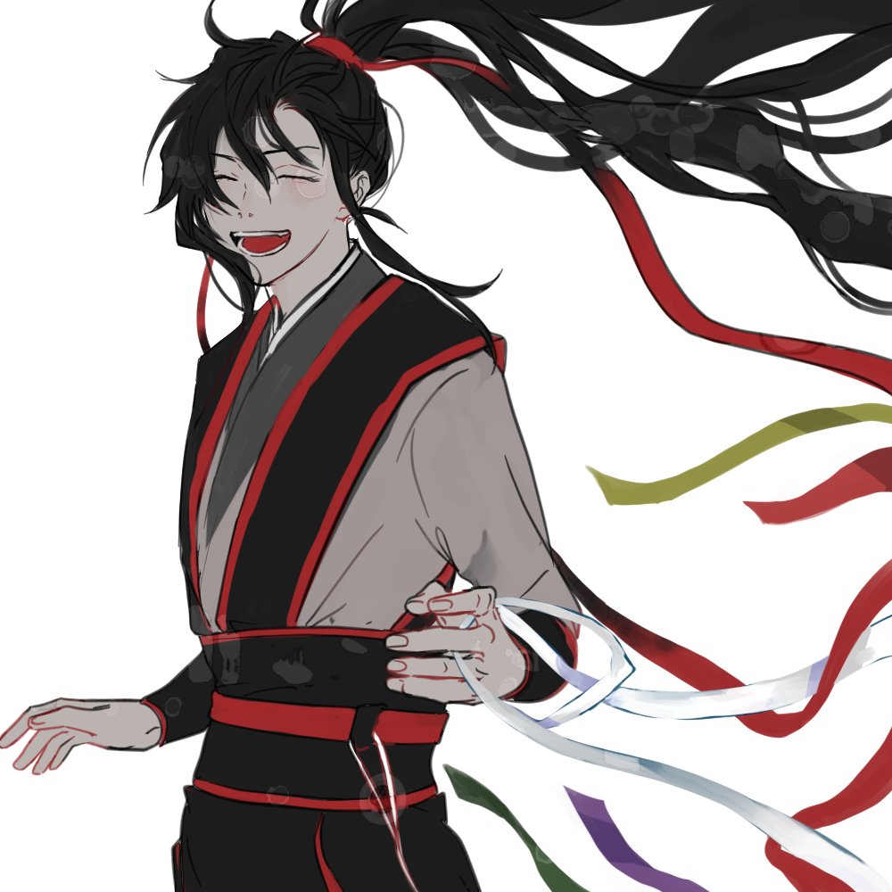 male focus 1boy long hair black hair closed eyes ponytail solo  illustration images