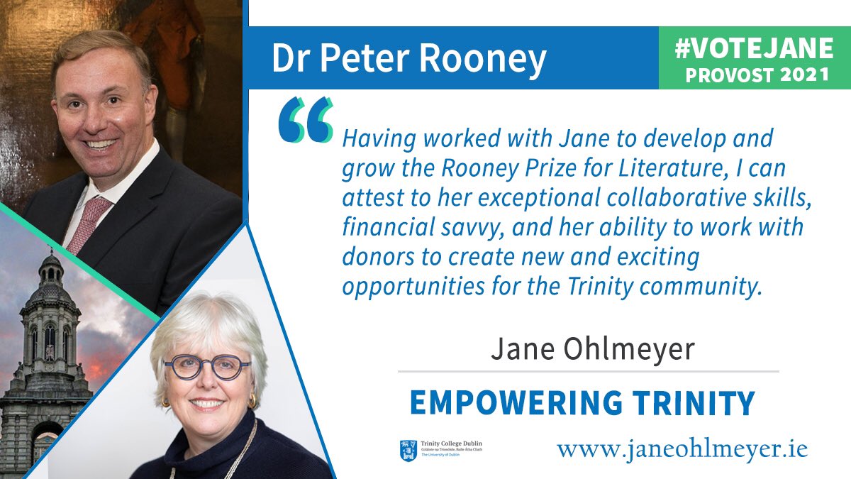 Jane Ohlmeyer (@janeohlmeyer) on Twitter photo As Director <a href="/TLRHub/">Trinity Long Room Hub</a> it was a privilege to work with Dr Peter Rooney to grow the Rooney Prize.
I am excited to see how, working with our alumni & benefactors, we can achieve our ambitions. Together, we'll make <a href="/tcddublin/">Trinity College Dublin</a> world champions like <a href="/steelers/">Pittsburgh Steelers</a>! #VoteJane #TCDProvost2021 As Director <a href="/TLRHub/">Trinity Long Room Hub</a> it was a privilege to work with Dr Peter Rooney to grow the Rooney Prize.
I am excited to see how, working with our alumni & benefactors, we can achieve our ambitions. Together, we'll make <a href="/tcddublin/">Trinity College Dublin</a> world champions like <a href="/steelers/">Pittsburgh Steelers</a>! #VoteJane #TCDProvost2021