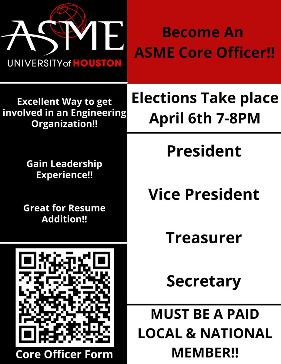 ASMEUH's tweet image. Become an ASME Core Officer for the next academic year! This is a great opportunity to get into an engineering organization and obtain leadership skills!! Elections will be held live April 6th 7-8 PM. Core Officer form is in our instabio. 

 #cullenengineering #uh2024 #uh2023
