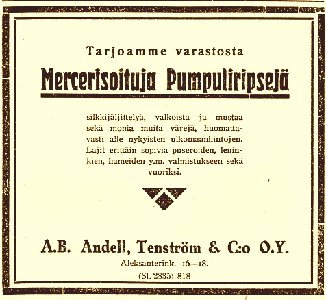 jouko_kokkonen's tweet image. Mercerisoituja Pumpuliripsejä. Kauppalehti 4.4.1921 #Suom91921 #pumpuli #puuvilla