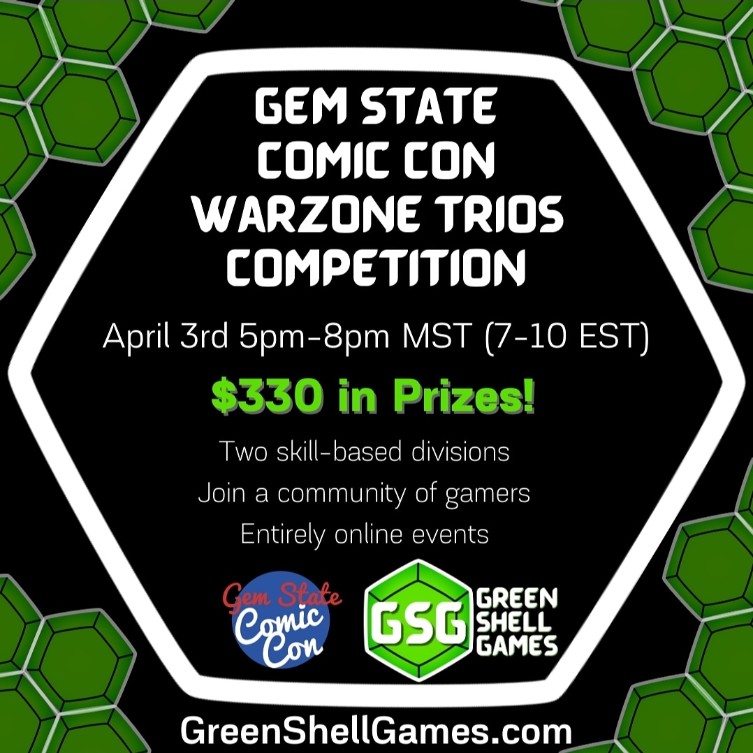 Come check out our first of three events planned with Gem State Comic Con! Gem State has provided a few fun physical prizes for us to give away! Take a look at: greenshellgames.com/event-info/gem…