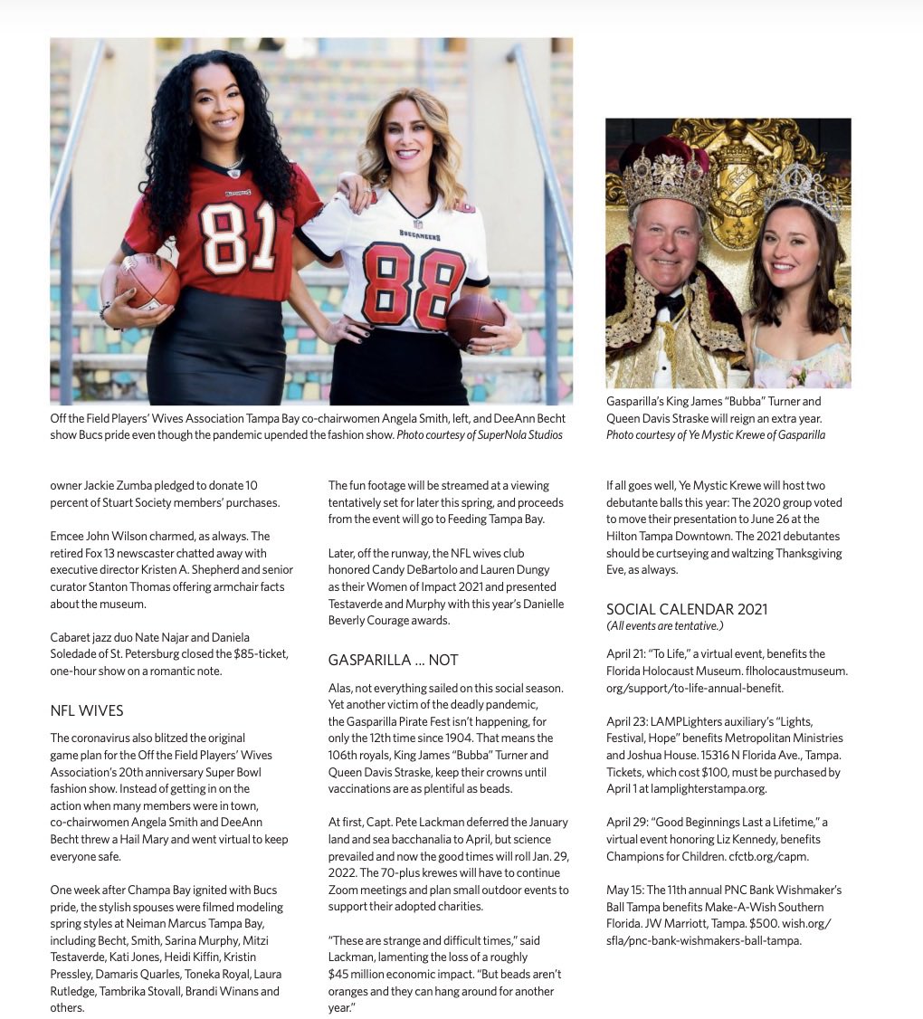 OffTheFieldNFLW's tweet photo. The 20th Annual Off the Field PWA Charity Fashion Show experience is also featured in the March 2021 issue of @tampabaytimes Bay Magazine: https://t.co/Po28BAa0Jn, p. 61. Check it out! #OffTheFieldPWA #tampa #nflwivesfashionshow #NeimanMarcusTampaBay #FeedingTampaBay https://t.co/VtrpqxtR2p