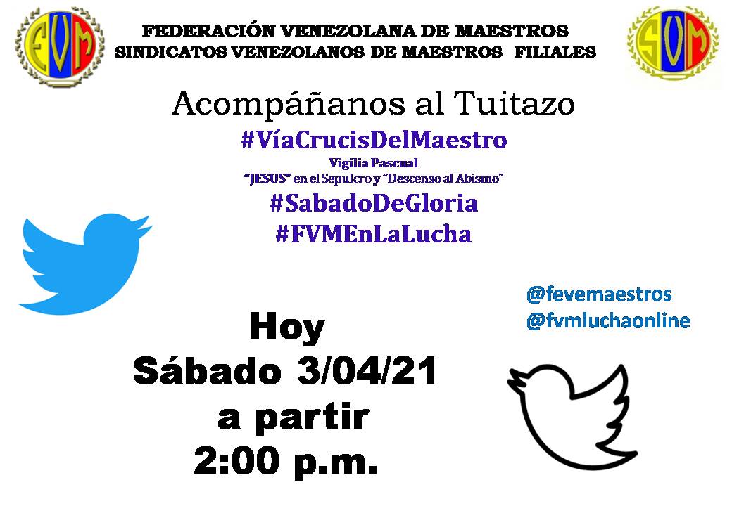 mayraenguaima's tweet photo. Federación Venezolana de Maestros (@fvmluchaonline) twitteó: Acompáñanos al Tuitazo. Hoy continuamos en el Vía Crucis del Maestro azotado por este régimen.
#ViaCrucisDelMaestro 
#SabadoDeGloria 
#FVMEnLaLucha 
A partir de las 2:00 p.m. https://t.co/GZvX8fNfEu https://t.co/6OvierRNUO