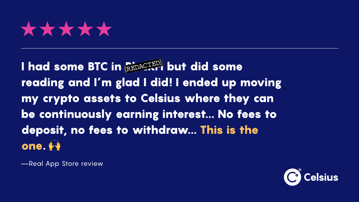 CelsiusNetwork's tweet photo. 5 stars = ⭐️⭐️⭐️⭐️⭐️
0.5% yield on BTC = 👎👎👎👎👎
Spread the word - new users earn $40 in rewards on your first transfer of $400 with promo code BTC40 🔥
#UnblockYourself #UnbankYourself
https://t.co/Aa6bJivyXX https://t.co/l8mB1oXHNT