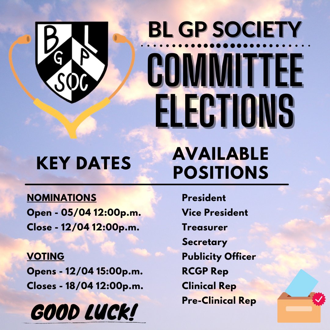 Nominations for next year's GP Society Committee will open on Monday! Details of all the roles and key dates are below.
If you fancy a role, do nominate yourself!
Follow this link: qmsu.org/groups/blgp/