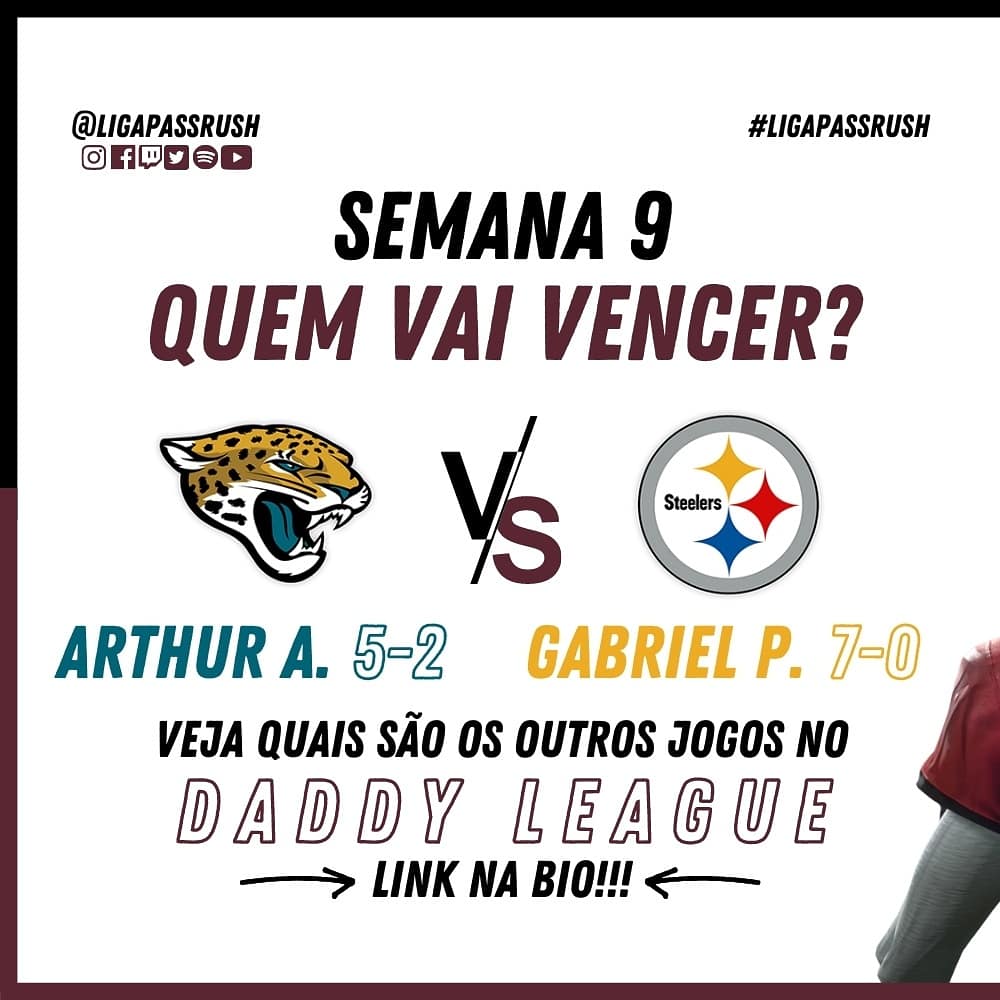 LigaPassRush's tweet photo. Confronto pesado da AFC!🏆 Quem vai sair com a vitória? 🤔

⚠️Para ficar por dentro de tudo que acontece na Liga Pass Rush, acompanhe o nosso DaddyLeague. Lá você terá a tabela com todos os jogos, tabelas, power ranking e estatísticas da temporada📊 https://t.co/4l1Bfqj0MI