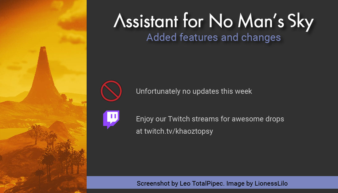 AssistantNMS's tweet photo. No updates this week but please join us for cool Expedition drops at https://t.co/hOb3T77Zns
#NoMansSky #NoMansSkyExpeditions #NMSAssistant #AssistantNMS #App #Android #IOS #NoMansSky #Companions #NMSAssistant #AssistantNMS #App #Android #IOS https://t.co/z12ruU7w3o