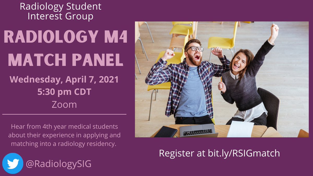 RadiologySIG's tweet photo. REMINDER: Upcoming Radiology M4 Match Panel on Wed 4/7/2021 at 5:30PM CDT! FREE for ALL medical students. Register now and submit any questions you might have! #RadiologySIG #radiology #MedStudentTwitter #MedTwitter #radres #futureradres https://t.co/yH8aDHGZxT