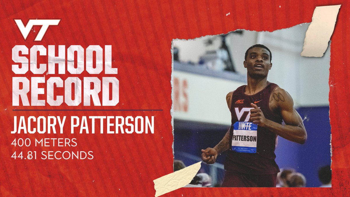 HokiesTFXC's tweet photo. JACORY PATTERSON ARE YOU SERIOUS 😳

With the third fastest time in the WORLD this year, the junior obliterates his own school record and becomes the first Hokie to break 45 seconds in the 400m!

44.81 seconds. Sheeeesh 🔥 https://t.co/6zjg7T5FXo