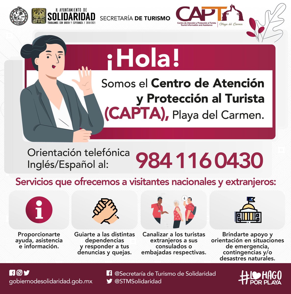 Amigo turista,
Durante estas vacaciones de #SemanaSanta2021 cuentas con #CaptaPlayaDelCarmen.

📞 984 116 0430 

Disfruta tu estancia con con responsabilidad 😷 🧍🏾‍♀️ ↔️ 🧍🏻‍♂️ 👐🏻🧼

#PlayaDelCarmen #PuertoAventuras #DestinoSeguro