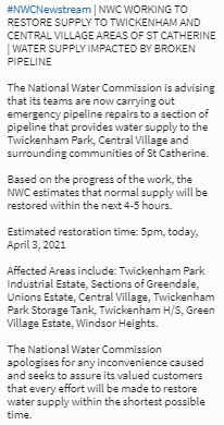 #NWCNewstream | The NWC is advising that its teams are now carrying out emergency pipeline repairs to a section of pipeline that provides water supply to the Twickenham Park, Central Village and surrounding communities of St Catherine.   

see full release: