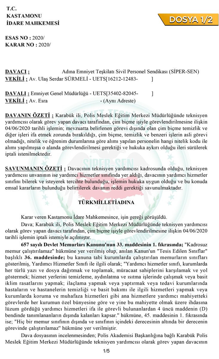 Siper_Sen's tweet photo. Karabük POMEM'de Teknisyen Yardımcısı olarak görev yapan 5 üyemize görev tanımına aykırı işler verilmesi üzerine açılan görevlendirmenin iptali davası kazanılmıştır. 
Paylaşımda 5 dosyadan 2 tanesinin görselleri mevcuttur. https://t.co/DV94Hu13YZ