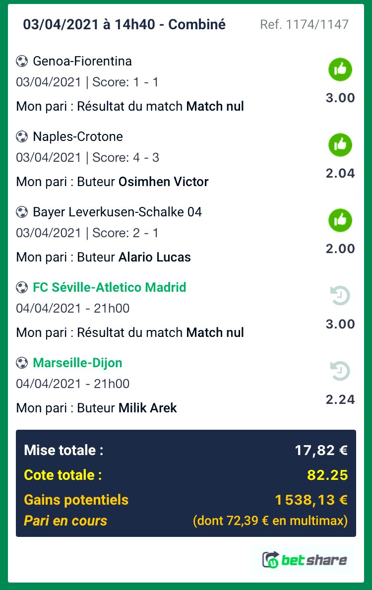 S6Bet's tweet photo. #BiGCombo !
• Genoa - Fio : Nul @ 3,00 ✅
• Osimhen buteur @ 2,04 ✅
• Alario buteur @ 2,00 ✅
• Seville - ATM : N @ 3,00 ?
• Milik buteur @ 2,24 ?
voici les 2 derniers bet qu’il me manque pour valider mon combiner @ 82,25
#ParionsSport #TeamParieur
#UnibetFrance 🍀 https://t.co/FFBBqUCNmr