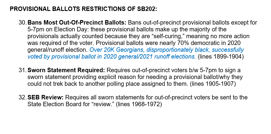 PROVISIONAL BALLOTS: Georgia's new voting law bans most out-of-precinct provisional ballots. Over 20k provisional ballots were counted in the general & runoff elections and these were nearly 70% dem voters 6/13