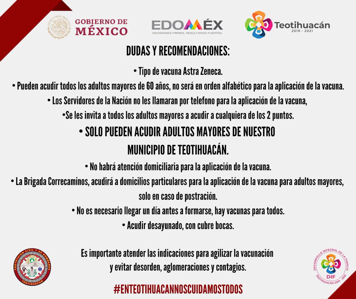 #Atención  5 y 6 de abril se llevará a cabo la vacunación para adultos mayores de 60 años, en #Teotihuacán, aquí les comparto los requisitos y algunas recomendaciones:
#COVID19 #EdomexEnSemaforoNaranja 
<a href="/laoctavadigital/">LA OCTAVA</a> <a href="/Radio_Formula/">Grupo Fórmula</a> <a href="/RadioEducacion/">Radio Educación</a> <a href="/PublimetroMX/">Publimetro México 🌐</a> <a href="/LaCronicaDeHoy/">La Crónica de Hoy</a>