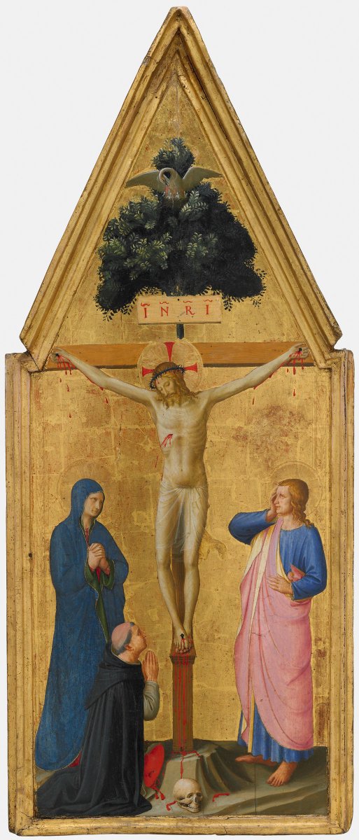  #miniMA140 Si nos acercamos a la crucifixión de Fra Angelico del  @harvartmuseums descubrimos que entre las ramas del árbol hay un pájaro con sus crías. Es un pelícano. ¿Qué hace ahí? ¿Por qué hay este pájaro encima de Jesucristo?