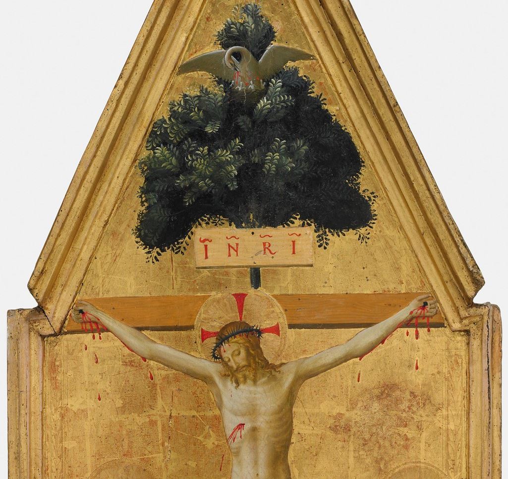  #miniMA140 Si nos acercamos a la crucifixión de Fra Angelico del  @harvartmuseums descubrimos que entre las ramas del árbol hay un pájaro con sus crías. Es un pelícano. ¿Qué hace ahí? ¿Por qué hay este pájaro encima de Jesucristo?