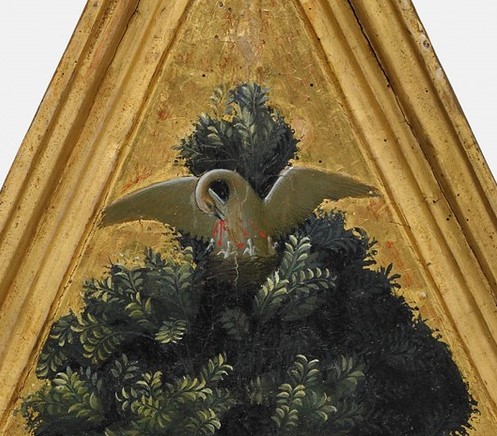  #miniMA140 Si nos acercamos a la crucifixión de Fra Angelico del  @harvartmuseums descubrimos que entre las ramas del árbol hay un pájaro con sus crías. Es un pelícano. ¿Qué hace ahí? ¿Por qué hay este pájaro encima de Jesucristo?