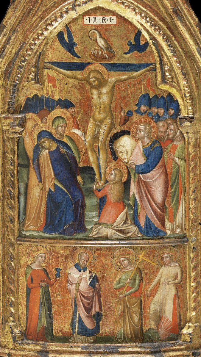  #miniMA140 En algunas crucifixiones -como en este Tríptico portátil de Lorenzo Veneciano (1370-75) del  @MuseoThyssen- no aparece el árbol pero sí el pelícano abriéndose el pecho sobre la cruz de Cristo.