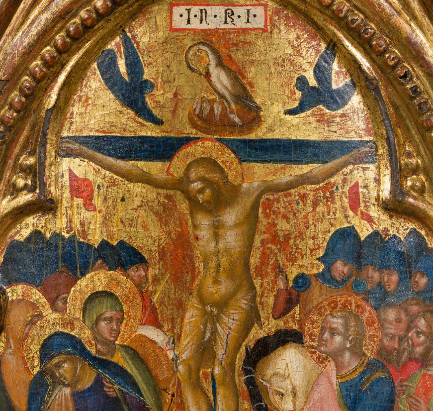  #miniMA140 En algunas crucifixiones -como en este Tríptico portátil de Lorenzo Veneciano (1370-75) del  @MuseoThyssen- no aparece el árbol pero sí el pelícano abriéndose el pecho sobre la cruz de Cristo.