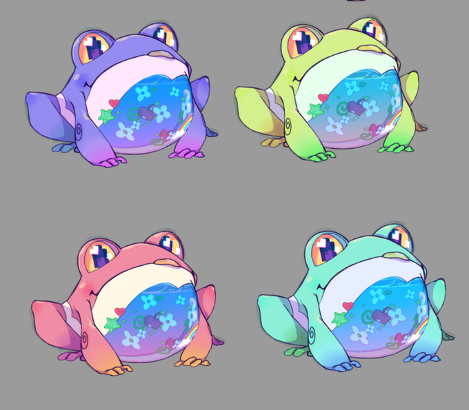 four different color iterations of Samar's Froggo familiarZ