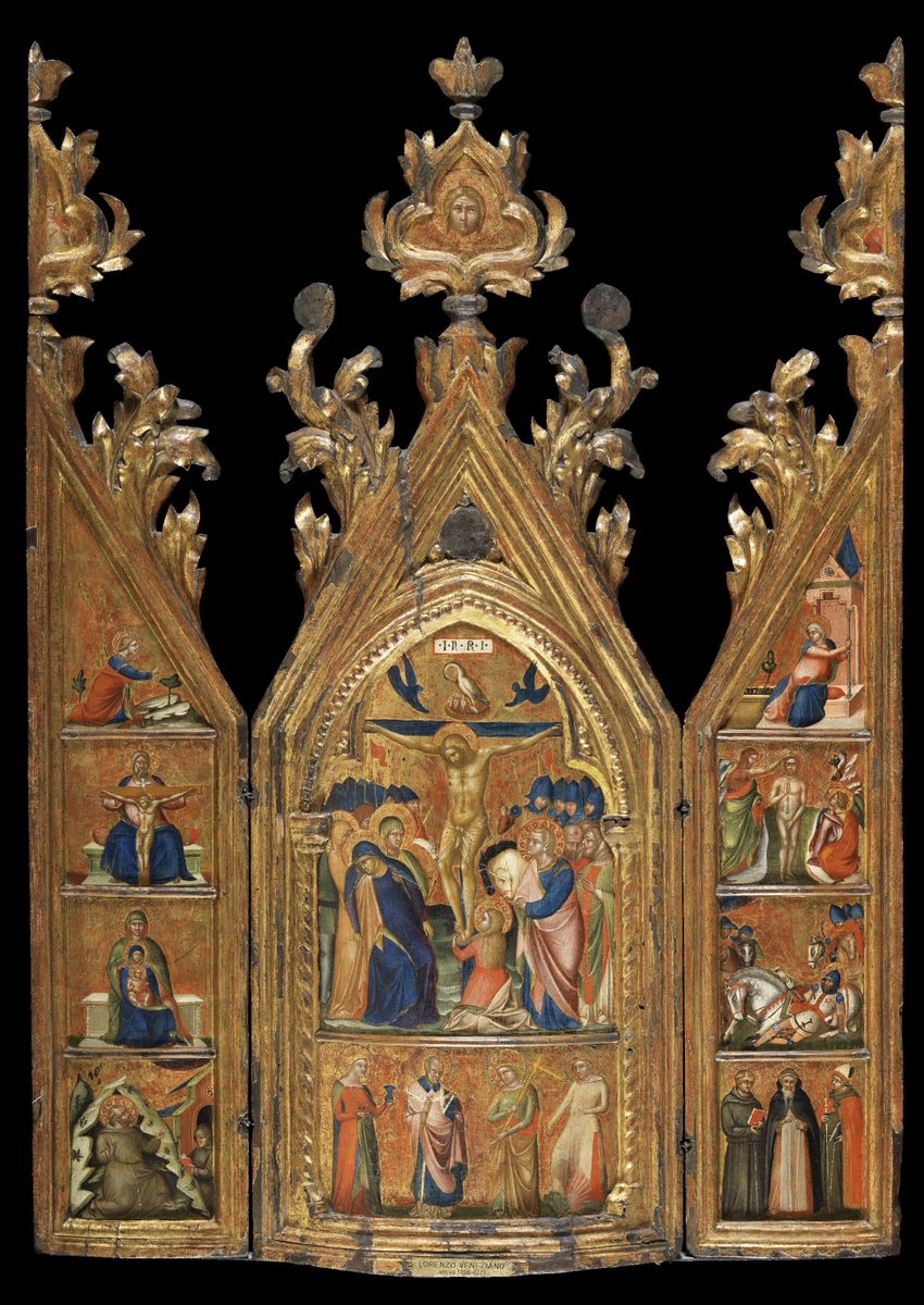  #miniMA140 En algunas crucifixiones -como en este Tríptico portátil de Lorenzo Veneciano (1370-75) del  @MuseoThyssen- no aparece el árbol pero sí el pelícano abriéndose el pecho sobre la cruz de Cristo.