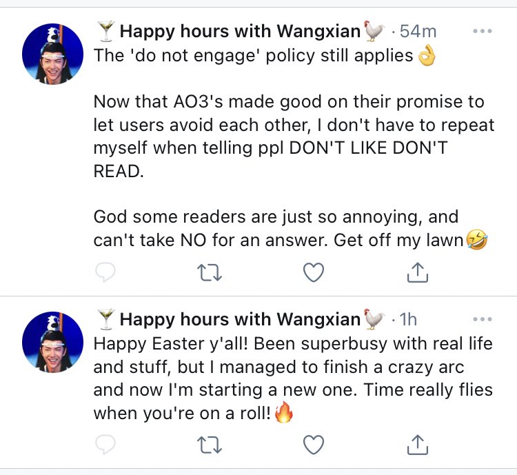 okay the “happy easter” tweet had me convinced she had no idea it wasn’t up but then the more recent ones seem to indicate that she’s...submitting her chapters to ao3 for some kind of screening process? what is HAPPENING i don’t UNDERSTAND