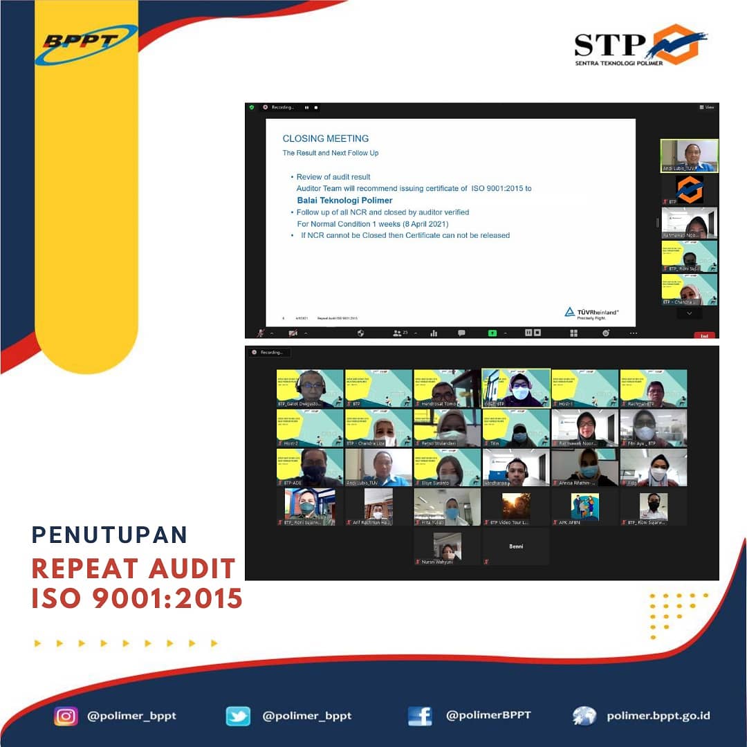 polimer_bppt's tweet image. Alhamdulillah Balai Teknologi Polimer masih direkomendasikan untuk mendapatkan sertifikat ISO 9001:2015 untuk tiga tahun kedepan.

#balaiteknologipolimer
#btpbettersmarterfaster
#bppt_ri
#bpptsolidsmartspeed 
#surveillanceISO9001