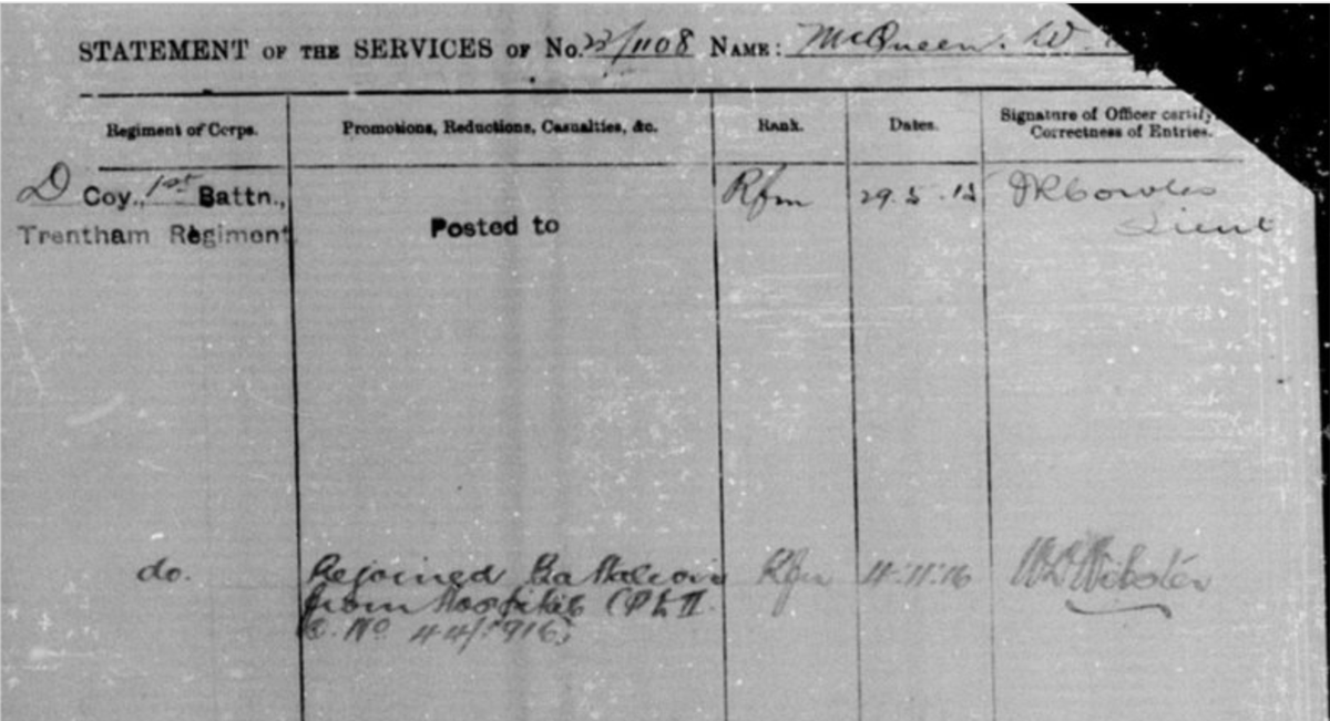 William Alexander Mcqueen (WW1 23/1108) rejoined Battalion from Hospital  on 4/4/1916
