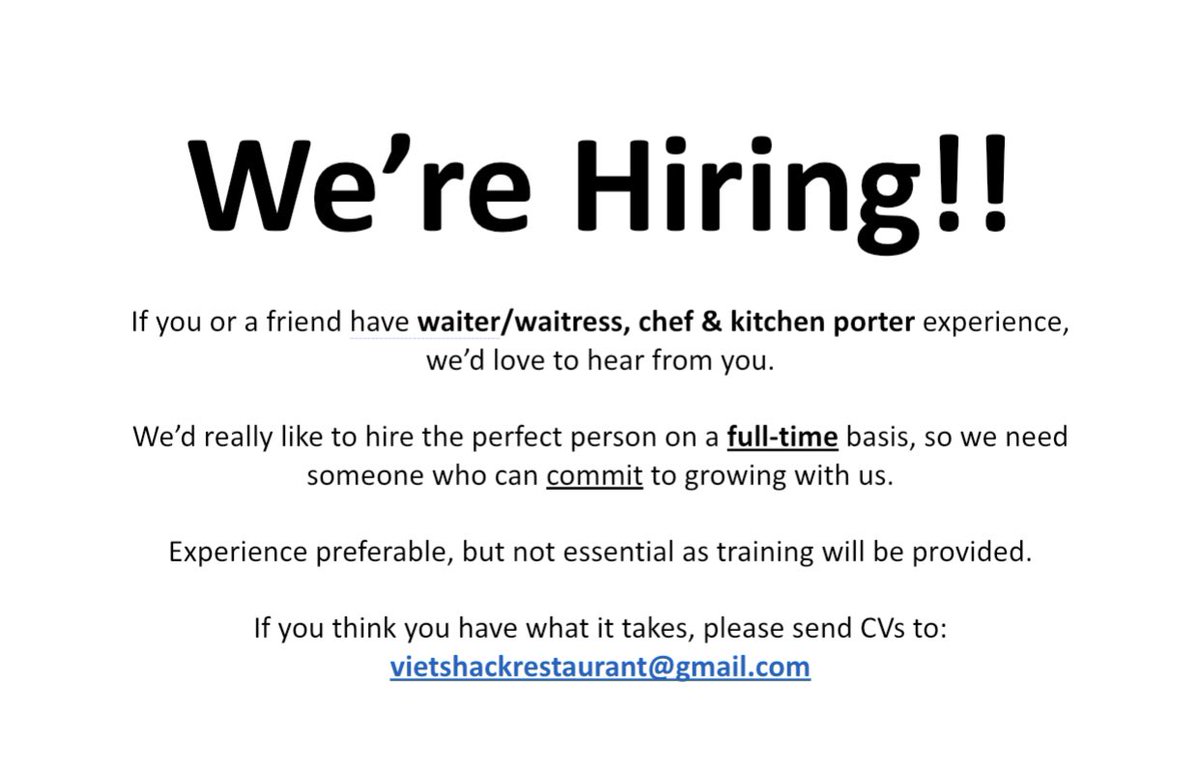 WE’RE HIRING!!

If your interested, please send CVs to:

vietshackrestaurant@gmail.com