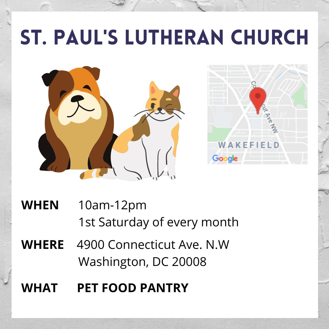 Ward3MutualAid's tweet photo. Did you miss it? Every Saturday is a food pantry distribution at St. Paul's Lutheran Church,
4900 Connecticut Ave NW, 20008. Head over if you need something or call our hotline for a neighbor to help deliver a box! Note: Pet pantry on hold. #SolidarityNotCharity #DMVmutualaid https://t.co/oV4d91mYJB