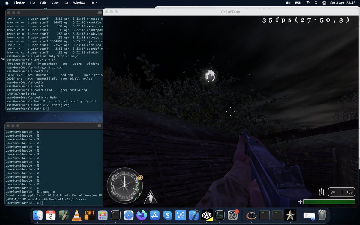 astr0baby's tweet photo. OK - so CrossOver running  on the Apple M1 (ARM64) is possible thanks to Rosetta2 since the binary is compiled only for x86_64 (kinda makes sense since this is Wine ) - here is another game that it handles well on the M1 chip - Call of Duty 1 https://t.co/uWkVe4fE8h