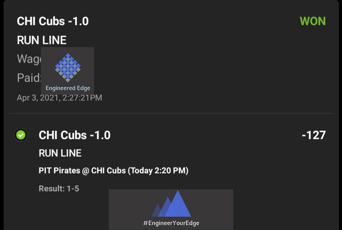 theDEGENgineer's tweet photo. #OperationFadeTheJollyRoger
MLB Plays are 1-0
Cubs -1 at -127.
Could've got a better line if you played it live. But money is #Money #GamblingTwitter
Follow to #EngineerYourEdge https://t.co/bbO2j0Jig7