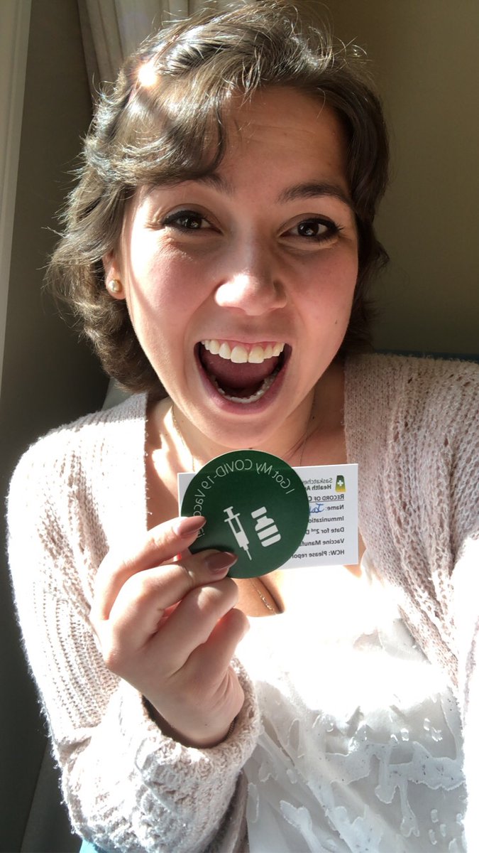 Feeling grateful, thankful and beyond happy for this additional layer of protection! Received my first dose today! Thank you <a href="/SaskHealth/">Saskatchewan Health Authority</a> 😊