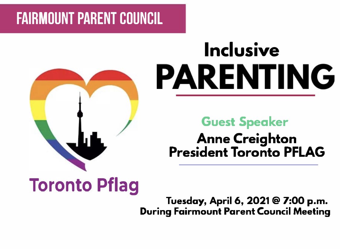 Fairmount PS SAC (@fairmountps_sac) on Twitter photo Join us on Tuesday for our session in “Inclusive Parenting” from <a href="/torontopflag/">TorontoPflag</a>. Check out FB group page for more details. #inclusiveparenting #parenting #pflagtoronto Join us on Tuesday for our session in “Inclusive Parenting” from <a href="/torontopflag/">TorontoPflag</a>. Check out FB group page for more details. #inclusiveparenting #parenting #pflagtoronto