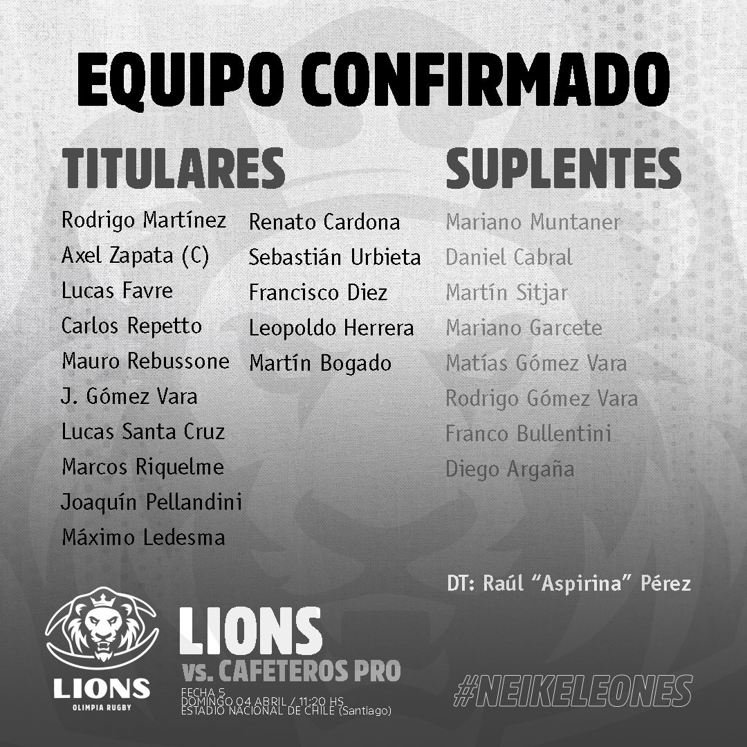 ¡Equipo confirmado! 🦁

🆚 Cafeteros Pro
📌 Fecha 5
📆 Domingo 04 de Abril 
⌚ 11:20hs
📺 ESPN EXTRA 

#NeikeLeones 🇵🇾
#NuestroClubNuestraEsencia ⚪⚫⚪