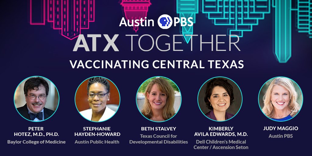 austinpbs's tweet photo. Today at 6 p.m. on #ATXTogether: Scientists say vaccinations are the most powerful weapon against Covid-19. Judy Maggio talks with public health experts about what’s working, what’s not, and what still needs to be done to get the majority of Central Texans vaccinated. #ATX https://t.co/XjouUVOFSm